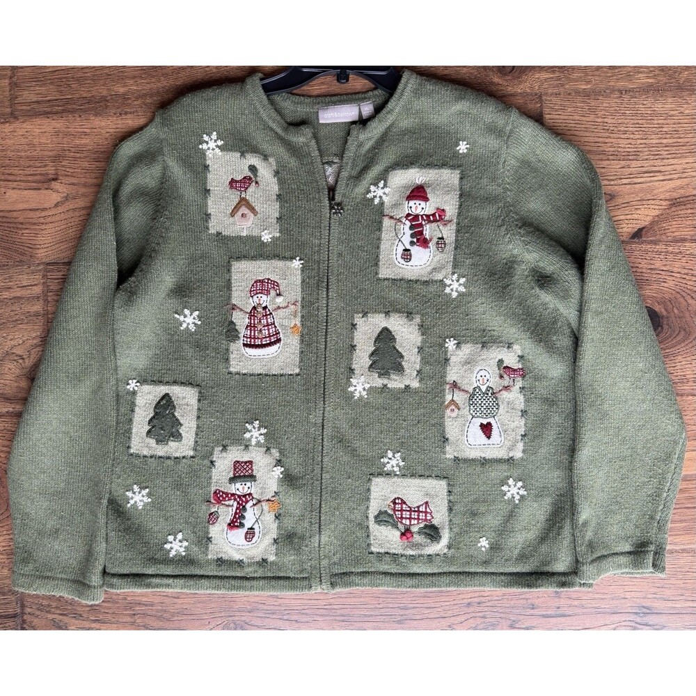 Croft & Barrow XL Green Winter Snowman Birdhouse Zip Cardigan Sweater Ramie